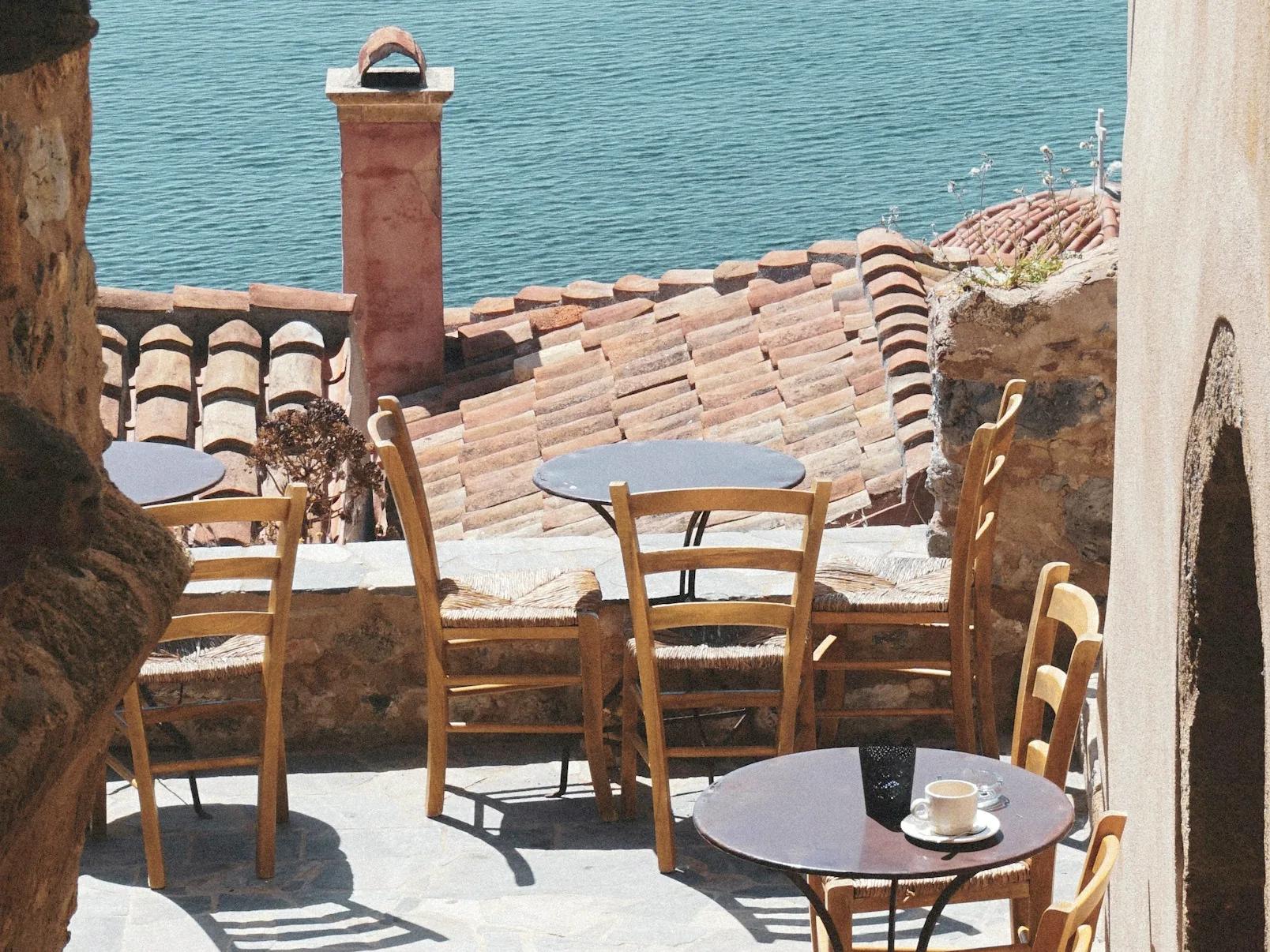 Café terrace above the rooftops and the sea