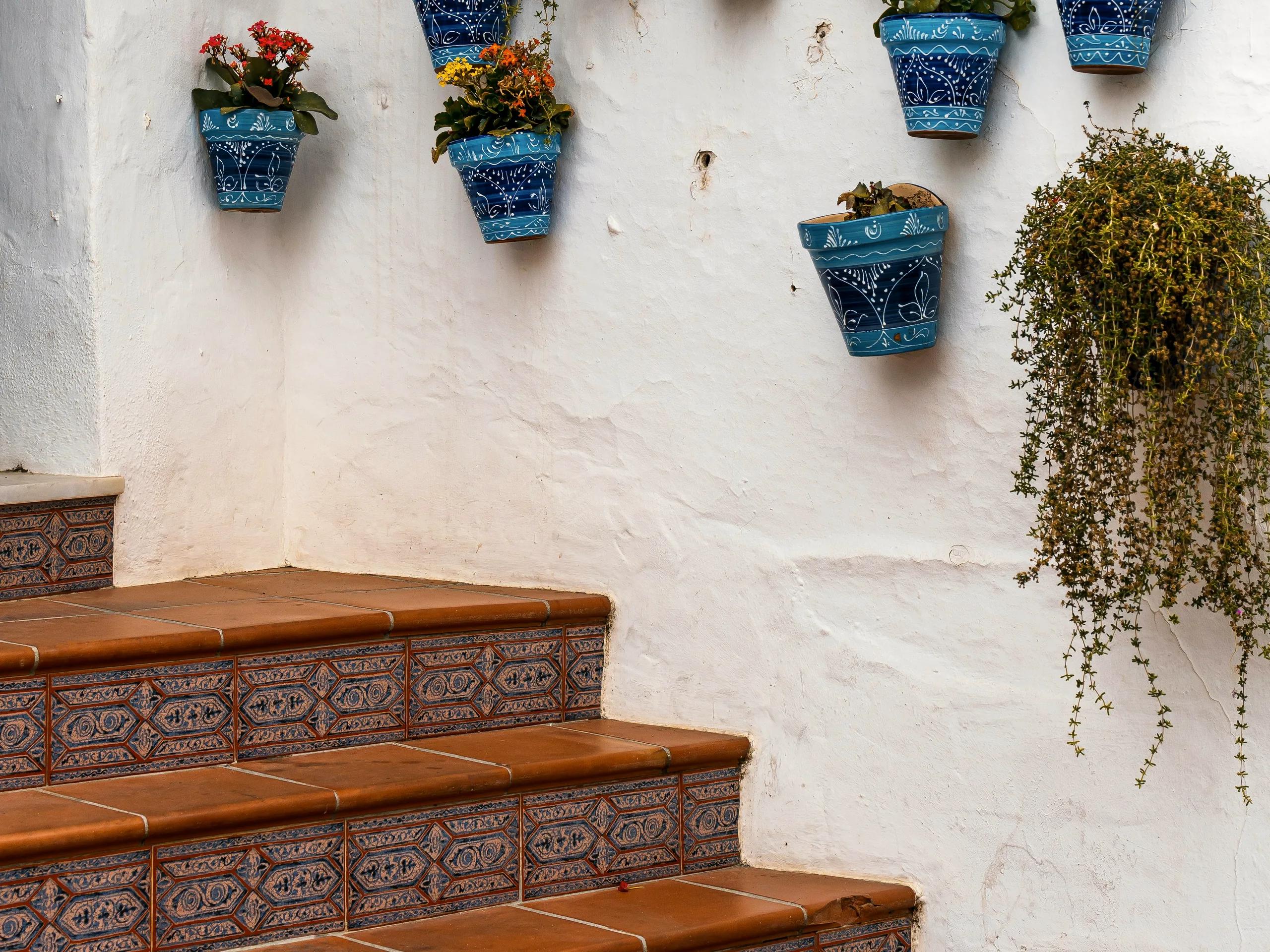 White wall with blue and white flower pots at a house entrance