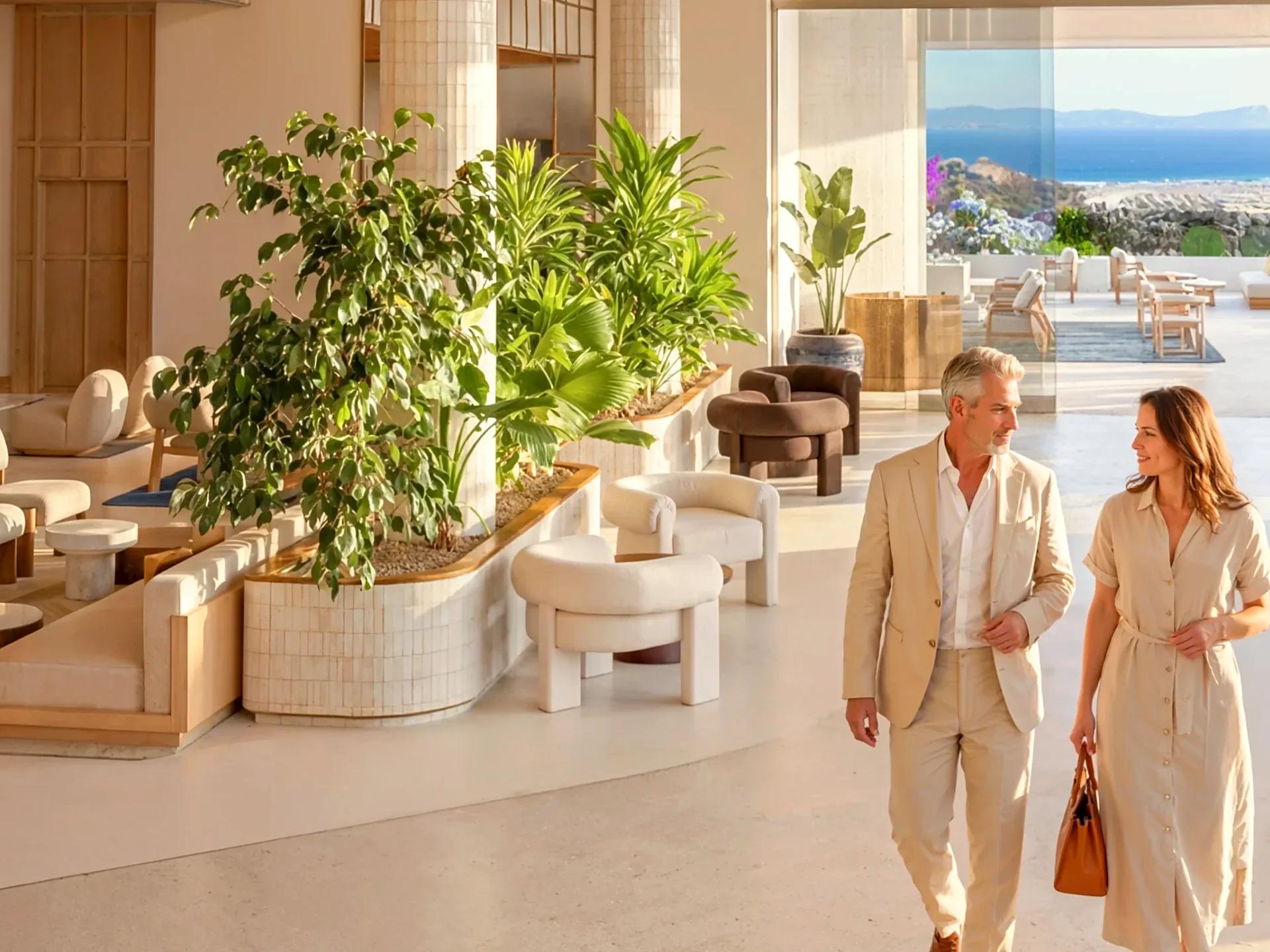 A couple walking through a bright lobby with a sea view