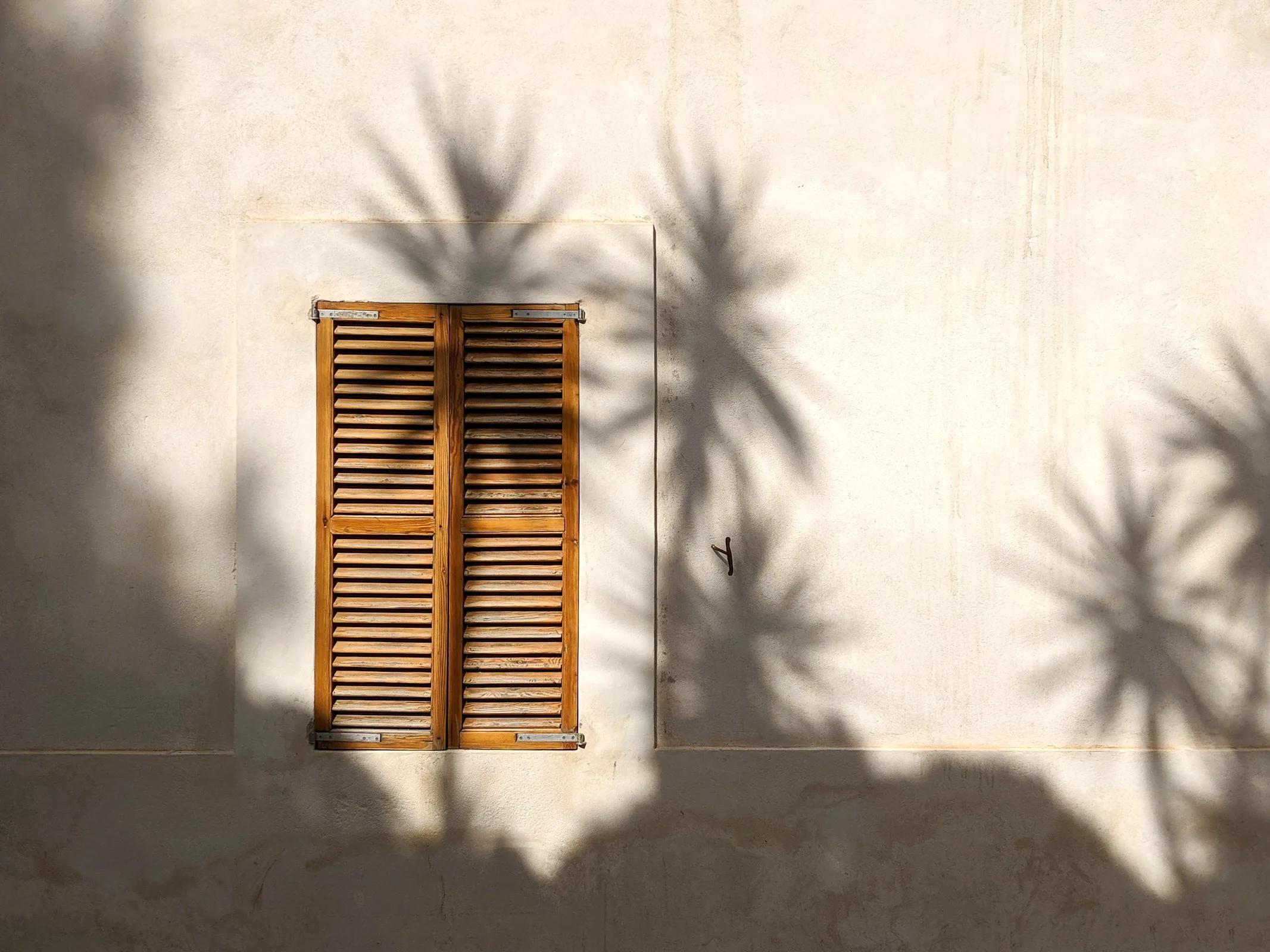 White facade with wooden shutters and palm shadows