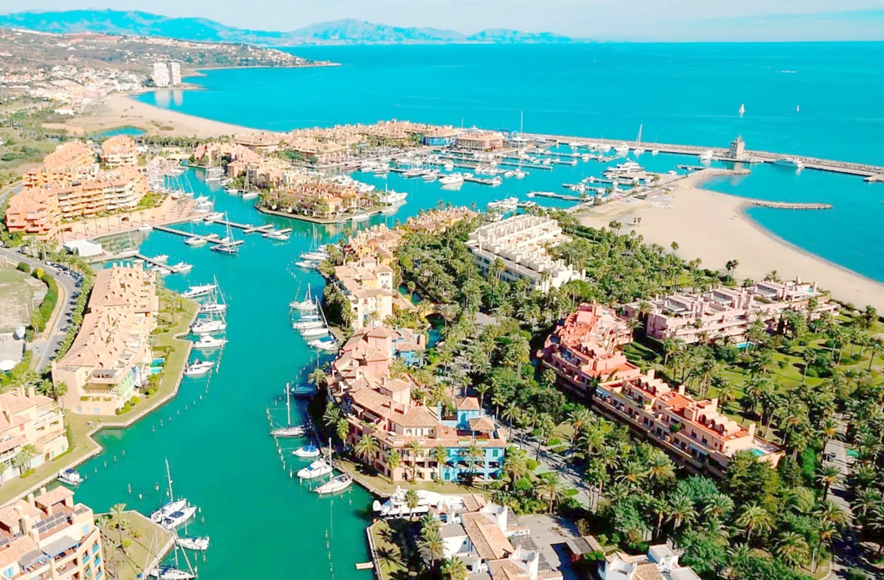 Aerial view of the Sotogrande marina with yachts and canals