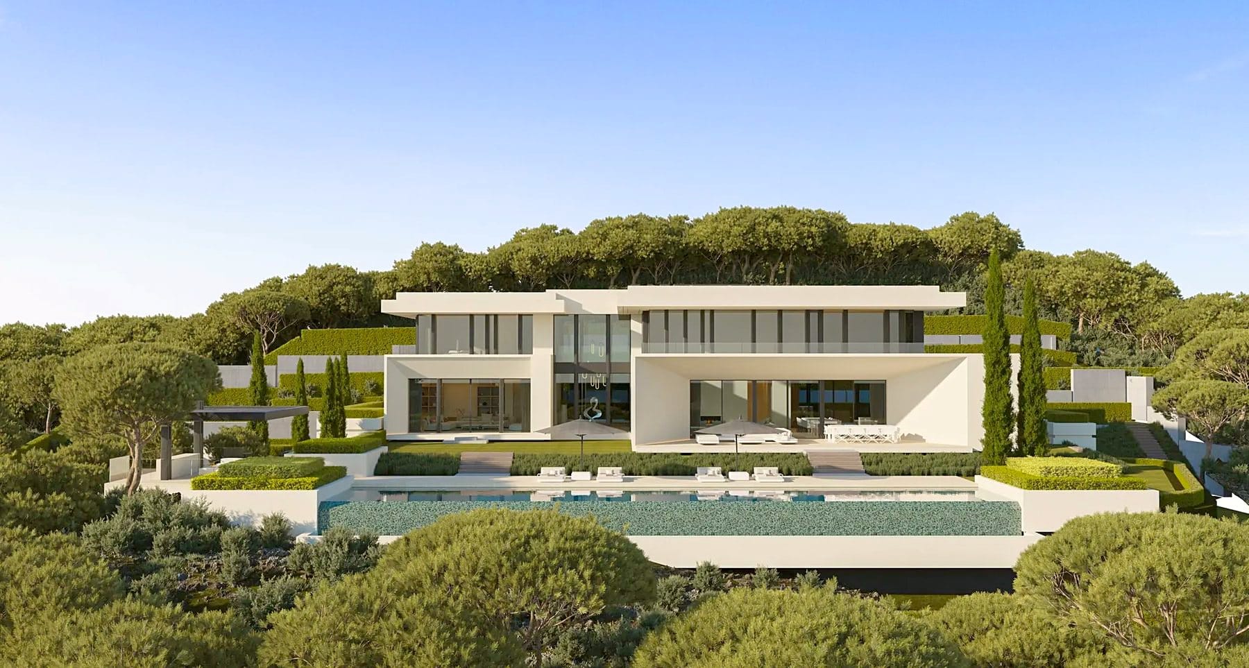 Visualisation of a modern villa with an infinity pool among pine trees
